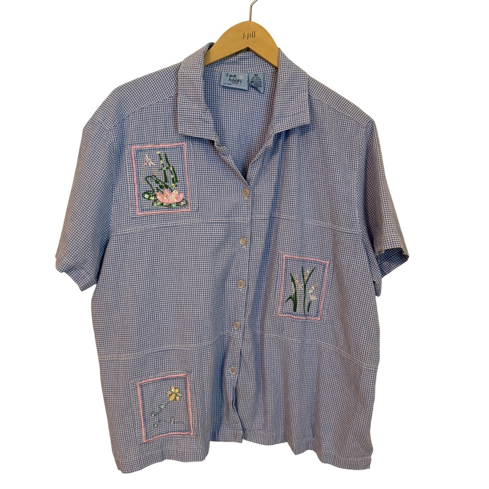 Jane Ashley Gingham Button Up Shirt Size 2X Blue White Frog Bee Sequin Y2K